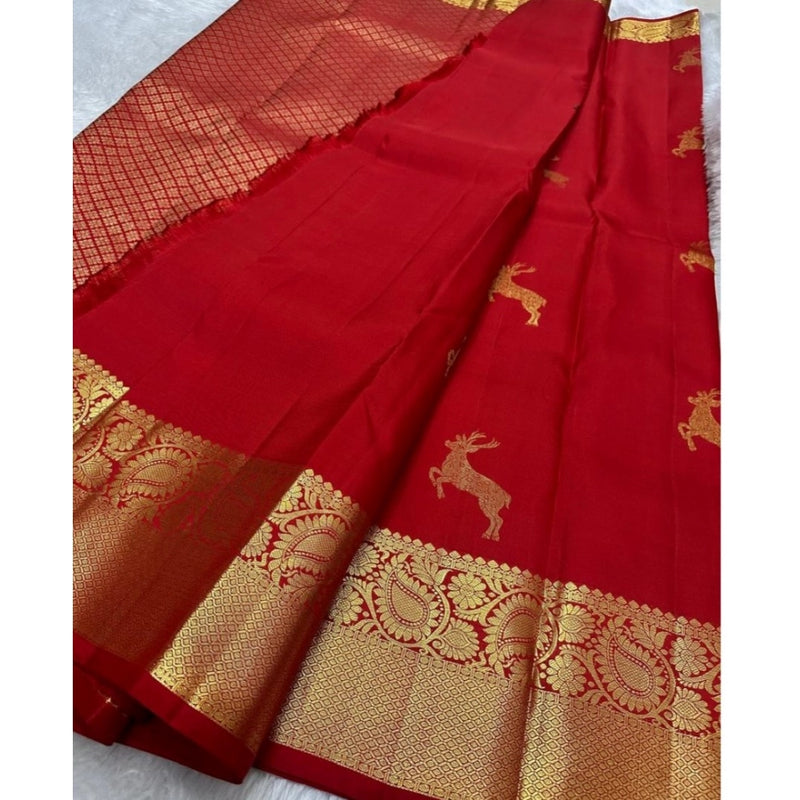 Mayawye Women's Silk Printed Saree With Unstitched Blouse 5.5Mtr (Red)