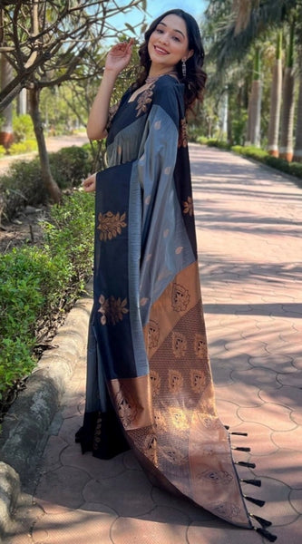 Mayawye Women's Silk Printed Saree With Unstitched Blouse 5.5Mtr (Grey)