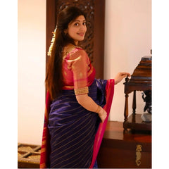 Mayawye Women's Silk Printed Saree With Unstitched Blouse 5.5Mtr (Navy Blue)