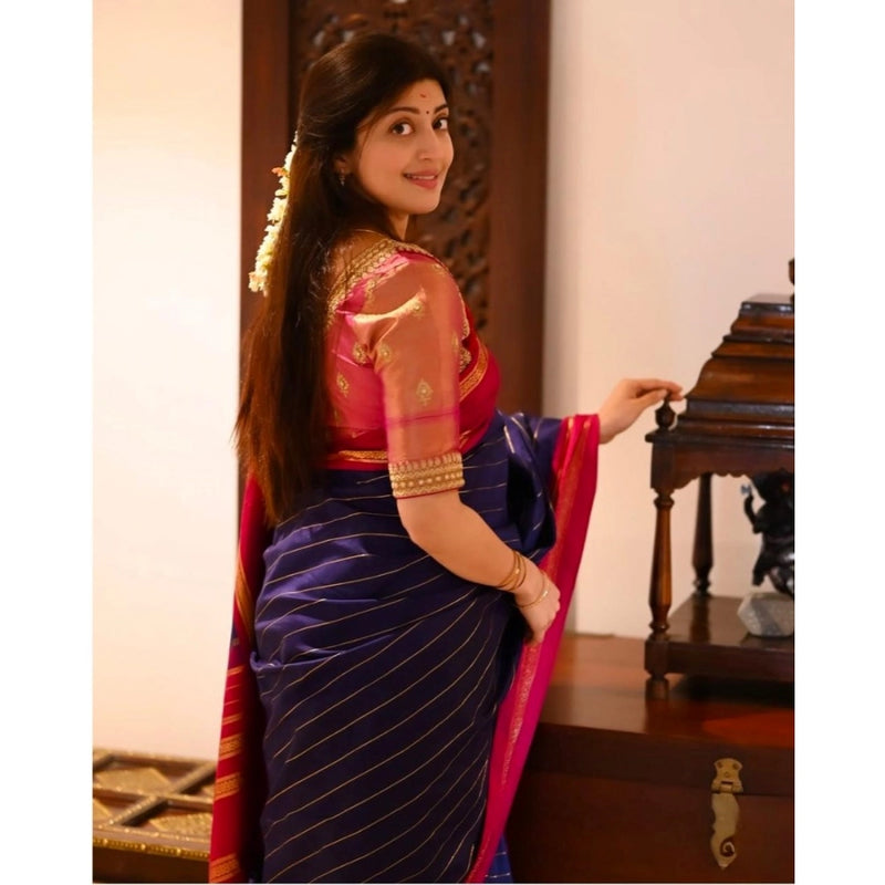Mayawye Women's Silk Printed Saree With Unstitched Blouse 5.5Mtr (Navy Blue)