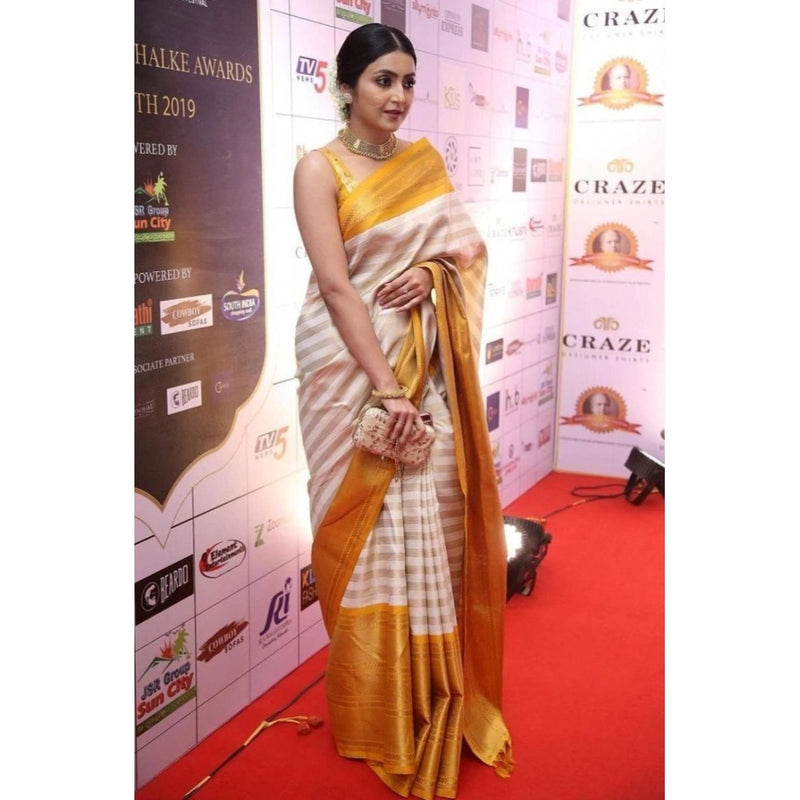 Mayawye Women's Silk Printed Saree With Unstitched Blouse 5.5Mtr (Off White-Yellow)