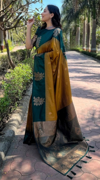 Mayawye Women's Silk Printed Saree With Unstitched Blouse 5.5Mtr (Yellow)