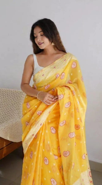 Mayawye Women's Cotton  Printed Saree With Unstitched Blouse 5.5Mtr (Yellow)