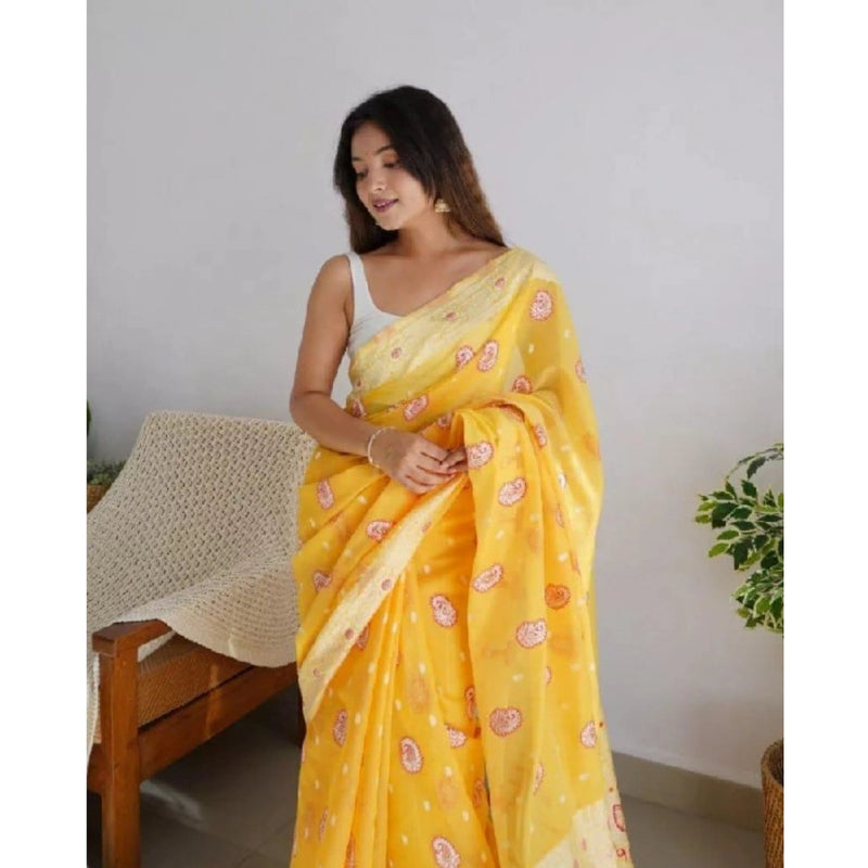 Mayawye Women's Cotton  Printed Saree With Unstitched Blouse 5.5Mtr (Yellow)