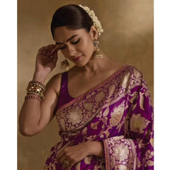 Mayawye Women's Silk Printed Saree With Unstitched Blouse 5.5Mtr (Purple)