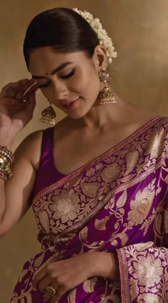 Mayawye Women's Silk Printed Saree With Unstitched Blouse 5.5Mtr (Purple)