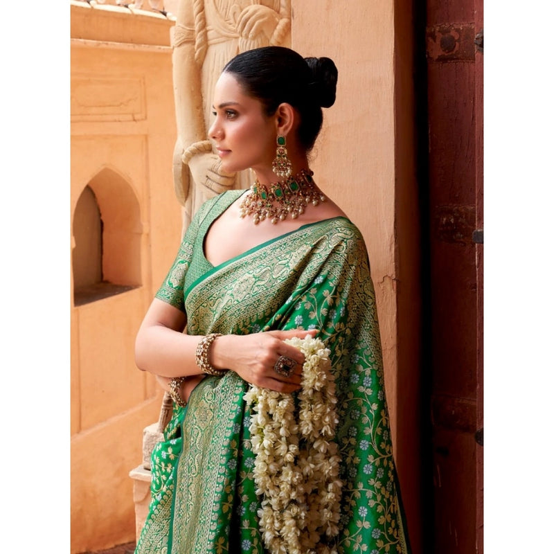 Mayawye Women's Silk Printed Saree With Unstitched Blouse 5.5Mtr (Green)
