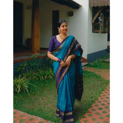 Mayawye Women's Silk Printed Saree With Unstitched Blouse 5.5Mtr (Blue)