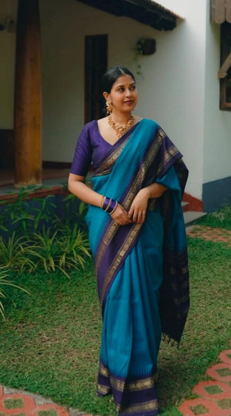 Mayawye Women's Silk Printed Saree With Unstitched Blouse 5.5Mtr (Blue)