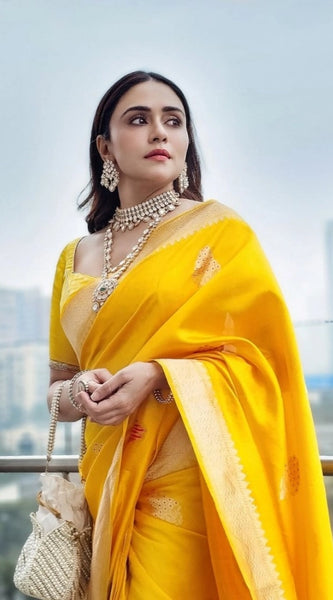 Mayawye Women's Silk Printed Saree With Unstitched Blouse 5.5Mtr (Yellow)