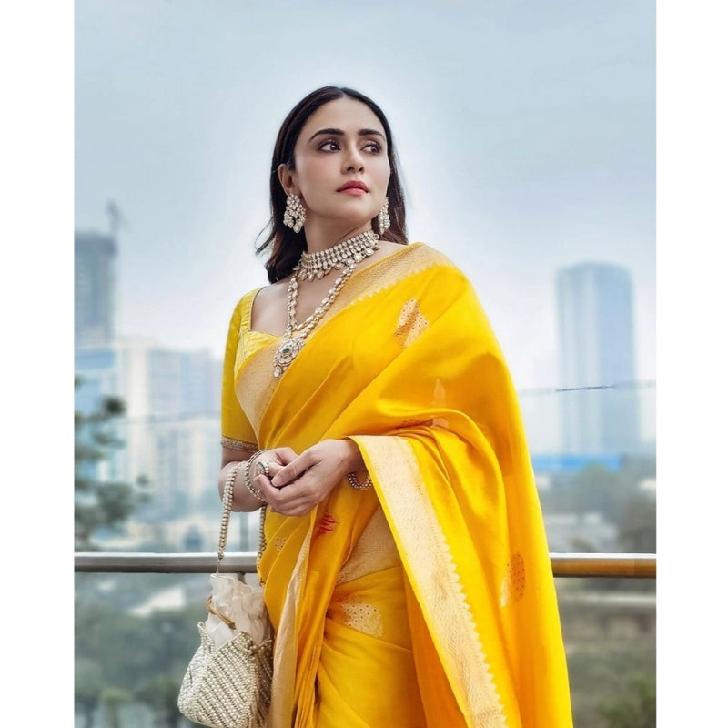 Mayawye Women's Silk Printed Saree With Unstitched Blouse 5.5Mtr (Yellow)