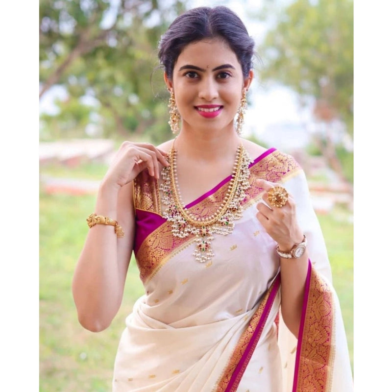 Mayawye Women's Silk Printed Saree With Unstitched Blouse 5.5Mtr (White)