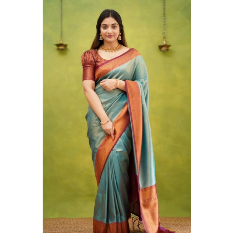 Mayawye Women's Silk Printed Saree With Unstitched Blouse 5.5Mtr (Rama)