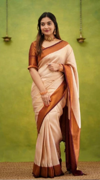 Mayawye Women's Silk Printed Saree With Unstitched Blouse 5.5Mtr (Cream)