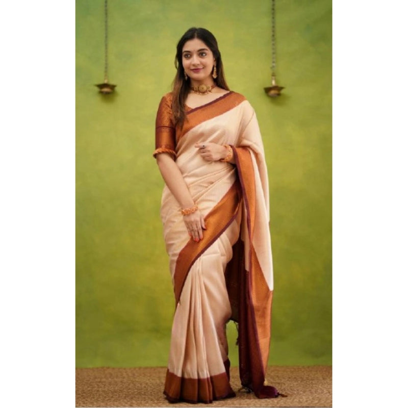 Mayawye Women's Silk Printed Saree With Unstitched Blouse 5.5Mtr (Cream)
