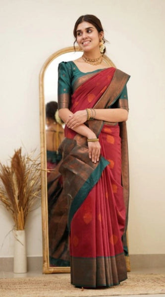 Mayawye Women's Silk Printed Saree With Unstitched Blouse 5.5Mtr (Red)