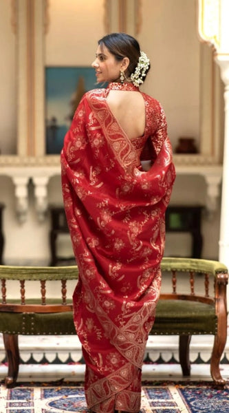 Mayawye Women's Silk Printed Saree With Unstitched Blouse 5.5Mtr (Red)