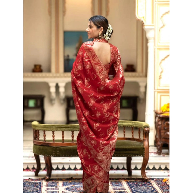 Mayawye Women's Silk Printed Saree With Unstitched Blouse 5.5Mtr (Red)