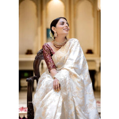 Mayawye Women's Silk Printed Saree With Unstitched Blouse 5.5Mtr (White)