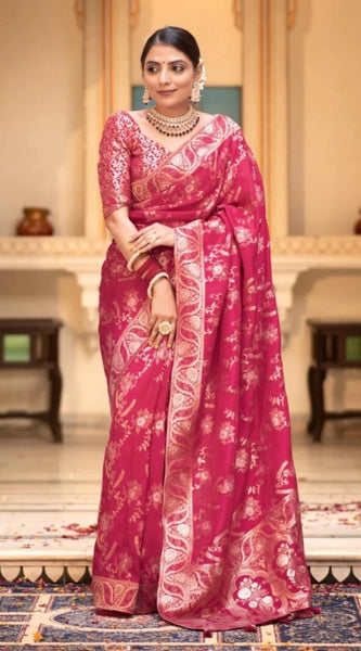 Mayawye Women's Silk Printed Saree With Unstitched Blouse 5.5Mtr (Pink)