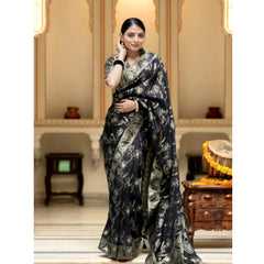 Mayawye Women's Silk Printed Saree With Unstitched Blouse 5.5Mtr (Black)