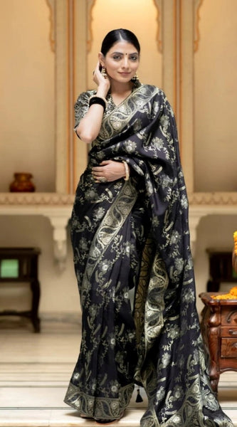 Mayawye Women's Silk Printed Saree With Unstitched Blouse 5.5Mtr (Black)