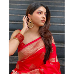 Mayawye Women's Silk Printed Saree With Unstitched Blouse 5.5Mtr (Red)