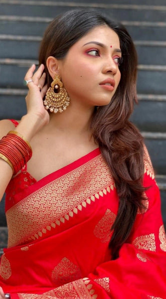 Mayawye Women's Silk Printed Saree With Unstitched Blouse 5.5Mtr (Red)