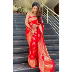 Mayawye Women's Silk Printed Saree With Unstitched Blouse 5.5Mtr (Red)