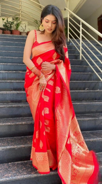 Mayawye Women's Silk Printed Saree With Unstitched Blouse 5.5Mtr (Red)