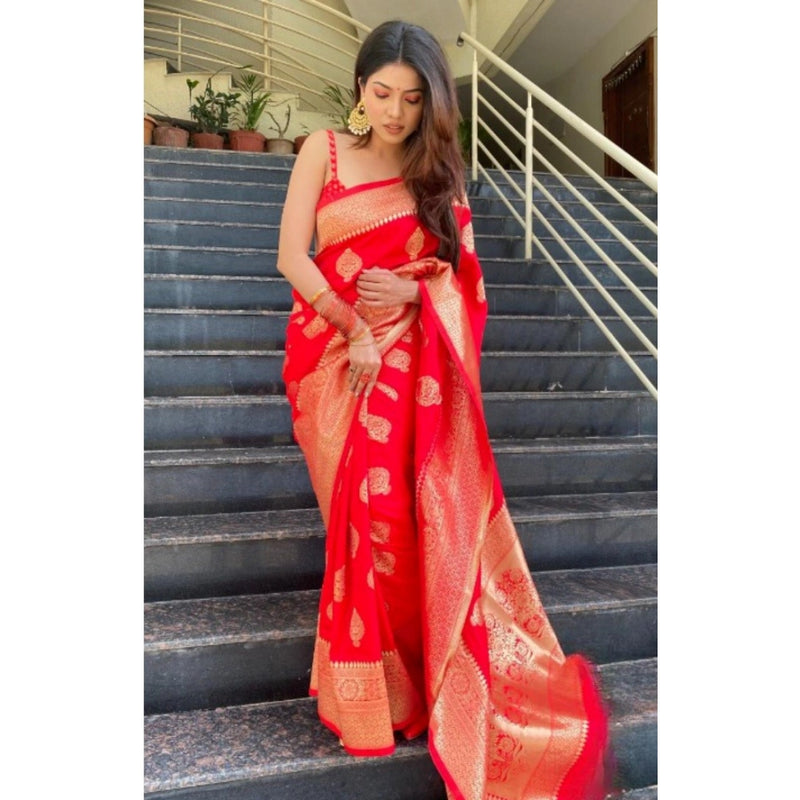 Mayawye Women's Silk Printed Saree With Unstitched Blouse 5.5Mtr (Red)