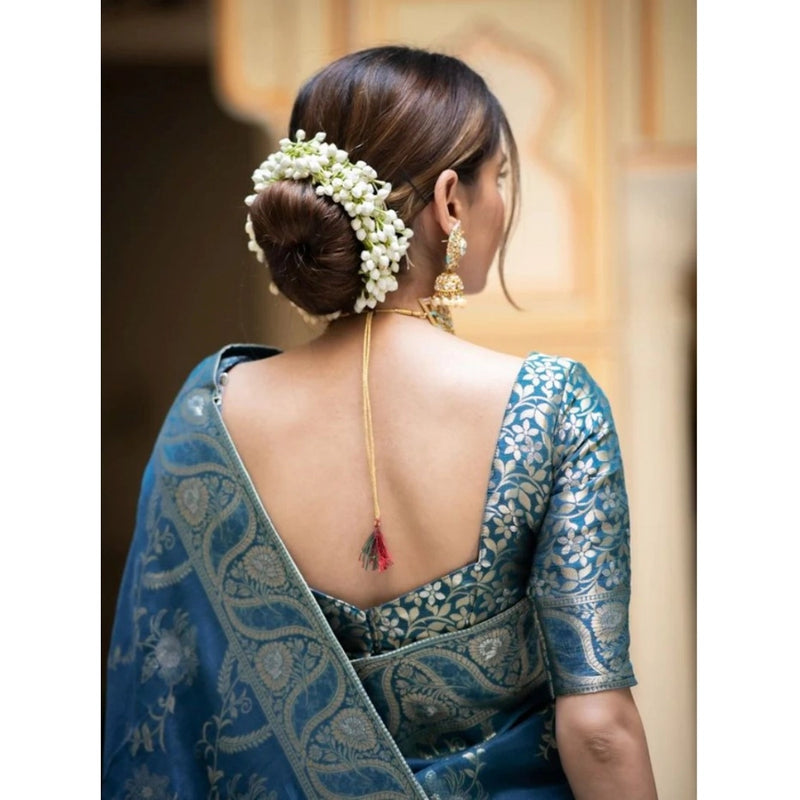 Mayawye Women's Silk Printed Saree With Unstitched Blouse 5.5Mtr (Teal Blue)