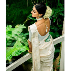 Mayawye Women's Silk Printed Saree With Unstitched Blouse 5.5Mtr (White)
