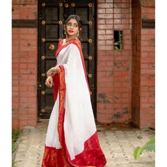 Mayawye Women's Silk Printed Saree With Unstitched Blouse 5.5Mtr (White)