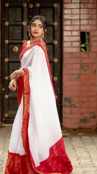 Mayawye Women's Silk Printed Saree With Unstitched Blouse 5.5Mtr (White)