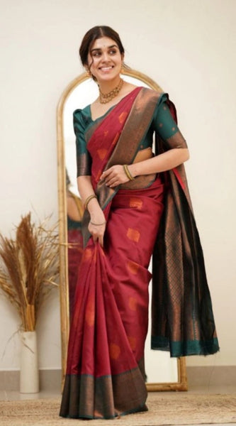 Mayawye Women's Silk Printed Saree With Unstitched Blouse 5.5Mtr (Red)
