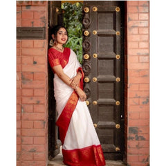 Mayawye Women's Silk Printed Saree With Unstitched Blouse 5.5Mtr (White)