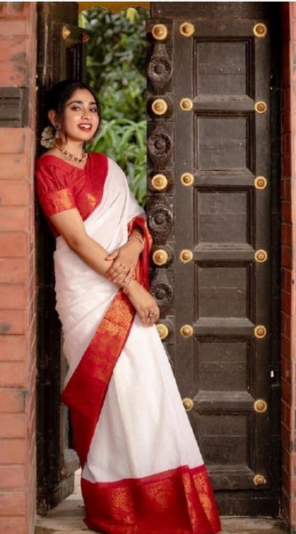 Mayawye Women's Silk Printed Saree With Unstitched Blouse 5.5Mtr (White)