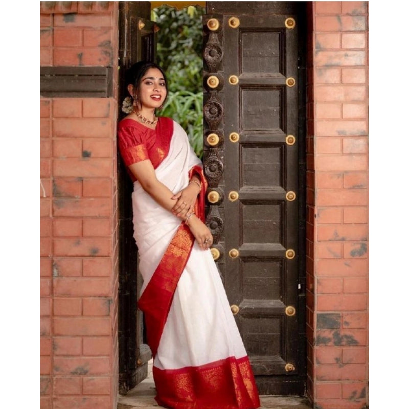 Mayawye Women's Silk Printed Saree With Unstitched Blouse 5.5Mtr (White)