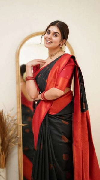 Mayawye Women's Silk Printed Saree With Unstitched Blouse 5.5Mtr (Black)