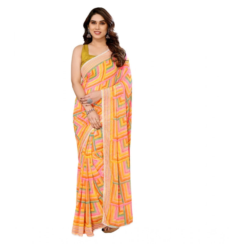 Mayawye Women's Small Lace Georgette Printed Ready-to-Wear Saree With Unstitched Blouse 5.5 Mtr (Yellow)