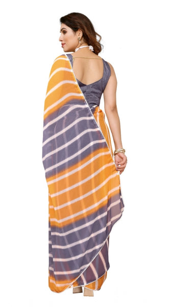 Mayawye Women's Small Lace Georgette Striped Ready-to-Wear Saree With Unstitched Blouse 5.5 Mtr (Orange-Grey)