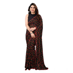 Mayawye Women's Small Lace Georgette Printed Ready-to-Wear Saree With Unstitched Blouse 5.5 Mtr (Black)