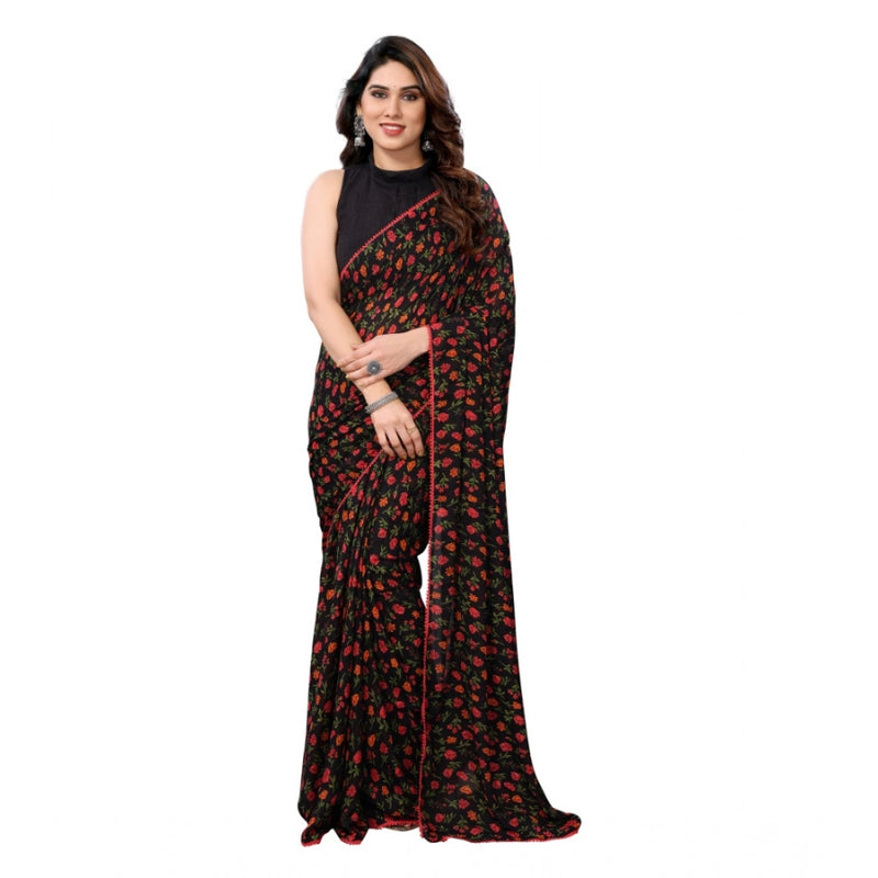 Mayawye Women's Small Lace Georgette Printed Ready-to-Wear Saree With Unstitched Blouse 5.5 Mtr (Black)