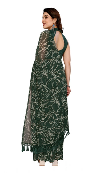Mayawye Women's Zalar Lace Georgette Printed Ready-to-Wear Saree With Unstitched Blouse 5.5 Mtr (Green)
