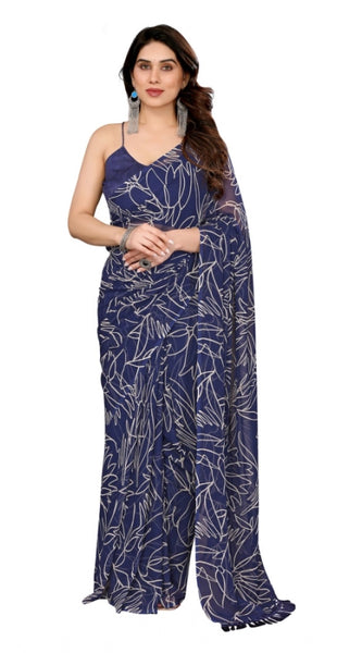 Mayawye Women's Zalar Lace Georgette Printed Ready-to-Wear Saree With Unstitched Blouse 5.5 Mtr (Blue)
