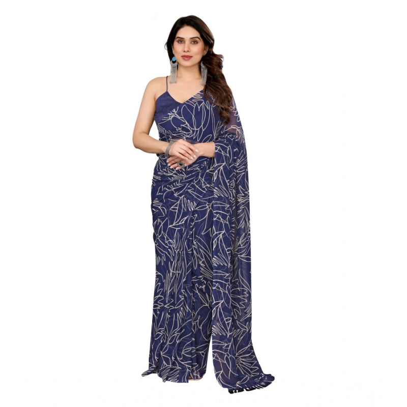 Mayawye Women's Zalar Lace Georgette Printed Ready-to-Wear Saree With Unstitched Blouse 5.5 Mtr (Blue)