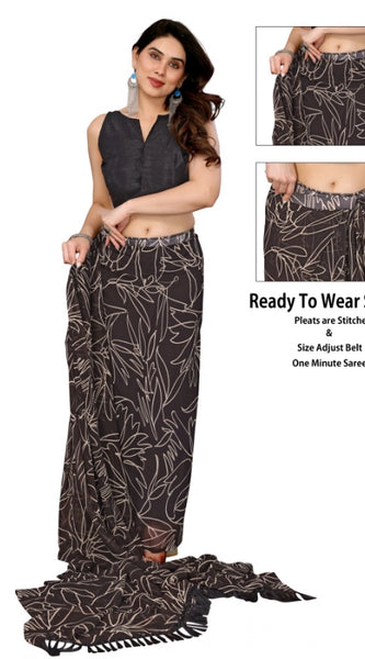 Mayawye Women's Zalar Lace Georgette Printed Ready-to-Wear Saree With Unstitched Blouse 5.5 Mtr (Brown)