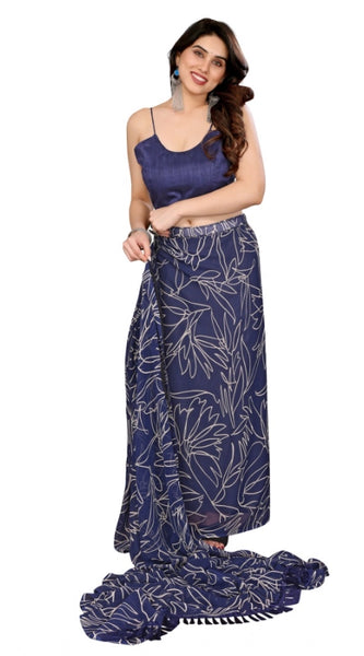 Mayawye Women's Zalar Lace Georgette Printed Ready-to-Wear Saree With Unstitched Blouse 5.5 Mtr (Blue)