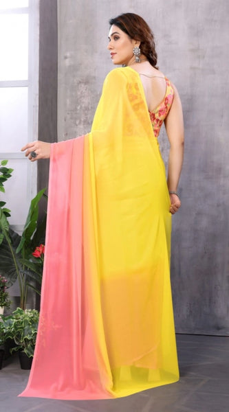 Mayawye Women's Small Lace Georgette Solid Ready-to-Wear Saree With Unstitched Blouse 5.5 Mtr (Pink-Yellow)